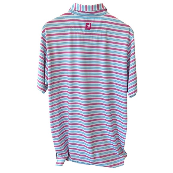 FootJoy Mens ProDry Striped Golf Polo Shirt Pink Blue White Large Stretch Logo - Picture 4 of 10